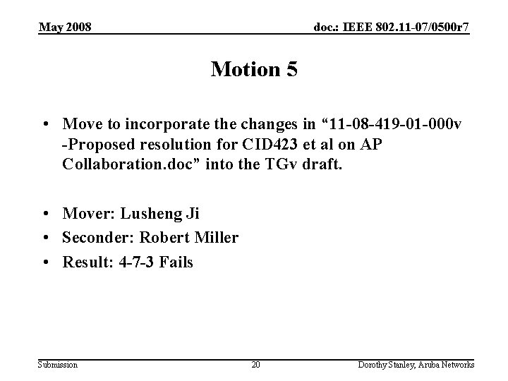 May 2008 doc. : IEEE 802. 11 -07/0500 r 7 Motion 5 • Move