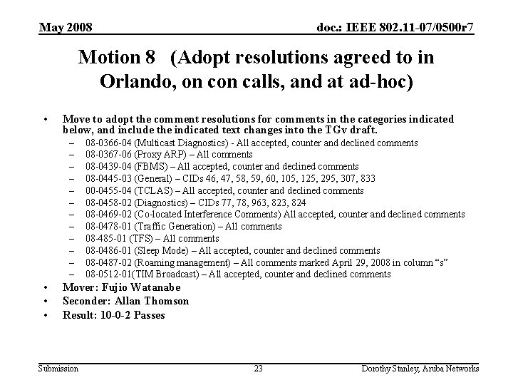 May 2008 doc. : IEEE 802. 11 -07/0500 r 7 Motion 8 (Adopt resolutions