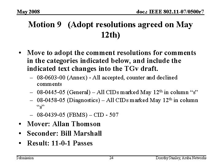 May 2008 doc. : IEEE 802. 11 -07/0500 r 7 Motion 9 (Adopt resolutions