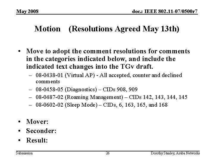 May 2008 Motion doc. : IEEE 802. 11 -07/0500 r 7 (Resolutions Agreed May