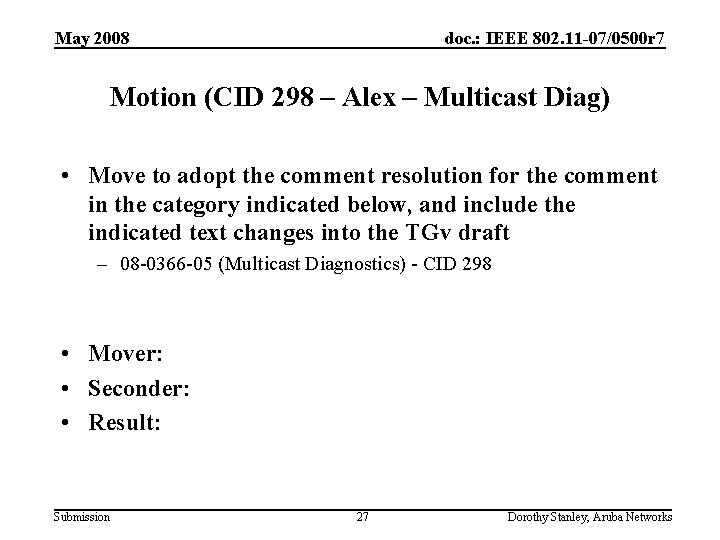 May 2008 doc. : IEEE 802. 11 -07/0500 r 7 Motion (CID 298 –