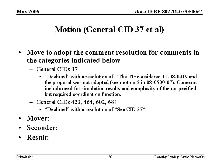 May 2008 doc. : IEEE 802. 11 -07/0500 r 7 Motion (General CID 37