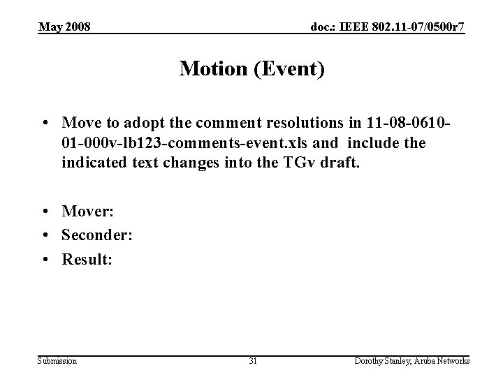 May 2008 doc. : IEEE 802. 11 -07/0500 r 7 Motion (Event) • Move