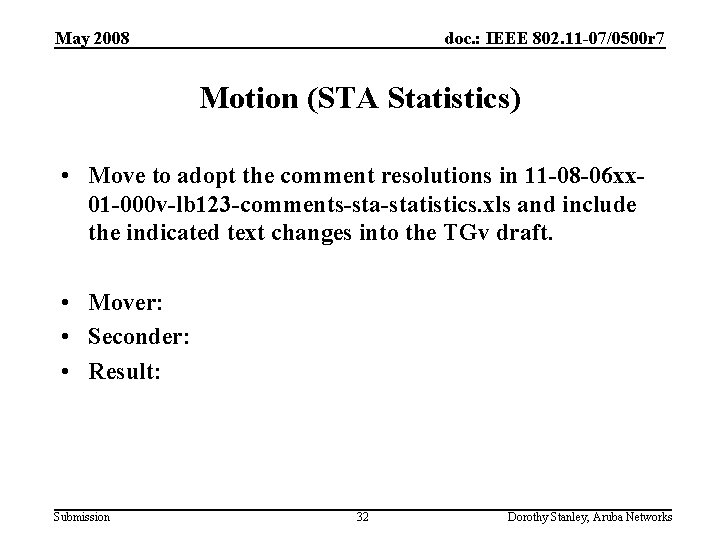 May 2008 doc. : IEEE 802. 11 -07/0500 r 7 Motion (STA Statistics) •