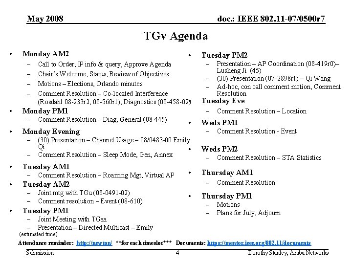 May 2008 doc. : IEEE 802. 11 -07/0500 r 7 TGv Agenda • Monday