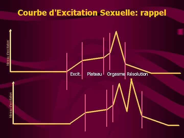 Niveau d'excitation Courbe d'Excitation Sexuelle: rappel Niveau d'excitation Excit. Plateau Orgasme Résolution 