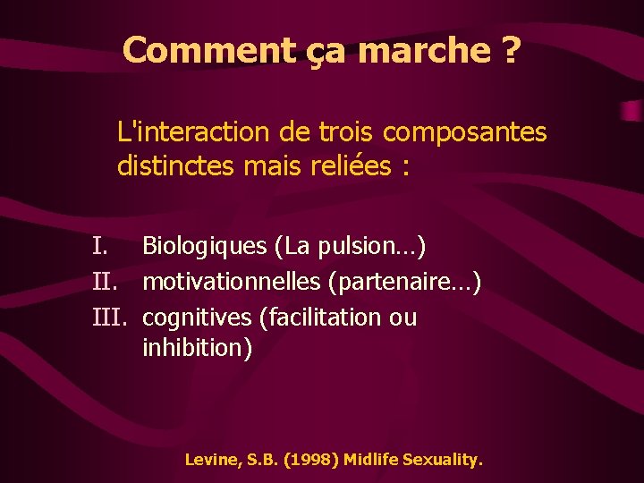 Comment ça marche ? L'interaction de trois composantes distinctes mais reliées : I. Biologiques