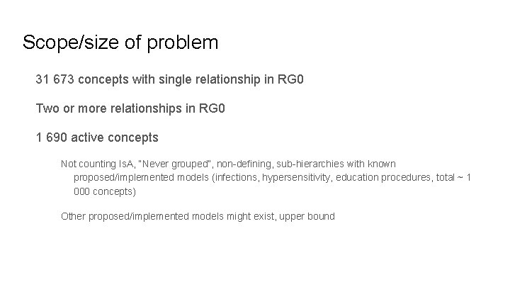 Scope/size of problem 31 673 concepts with single relationship in RG 0 Two or