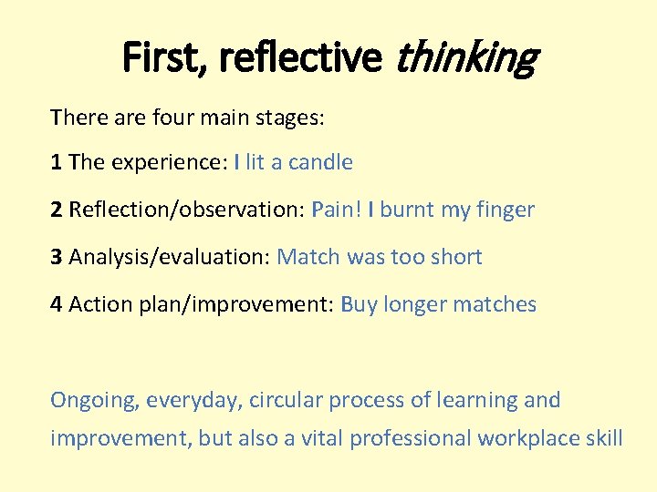 First, reflective thinking There are four main stages: 1 The experience: I lit a