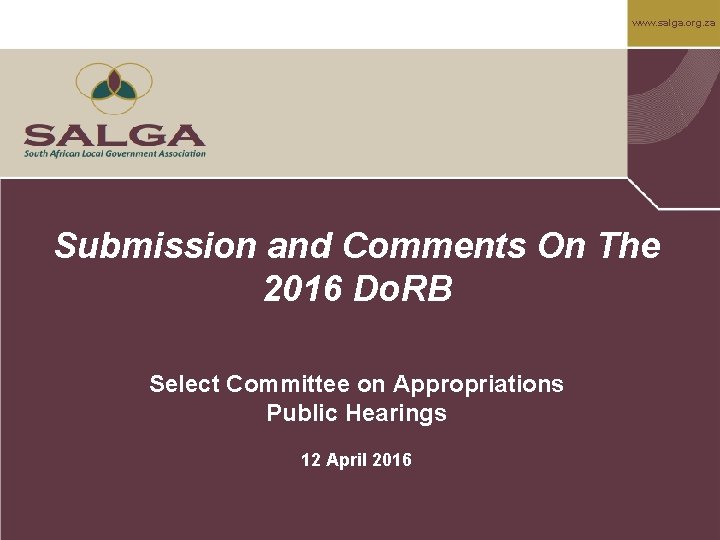 www. salga. org. za Submission and Comments On The 2016 Do. RB Select Committee