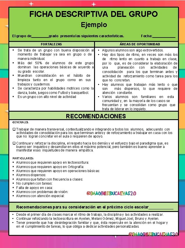FICHA DESCRIPTIVA DEL GRUPO Ejemplo El grupo de grado presenta las siguientes características. FORTALEZAS FICHA DESCRIPTIVA DEL GRUPO Ejemplo El grupo de grado presenta las siguientes características. FORTALEZAS