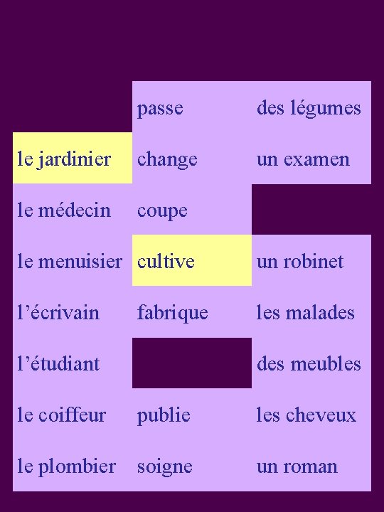 passe des légumes le jardinier change un examen le médecin coupe le menuisier cultive