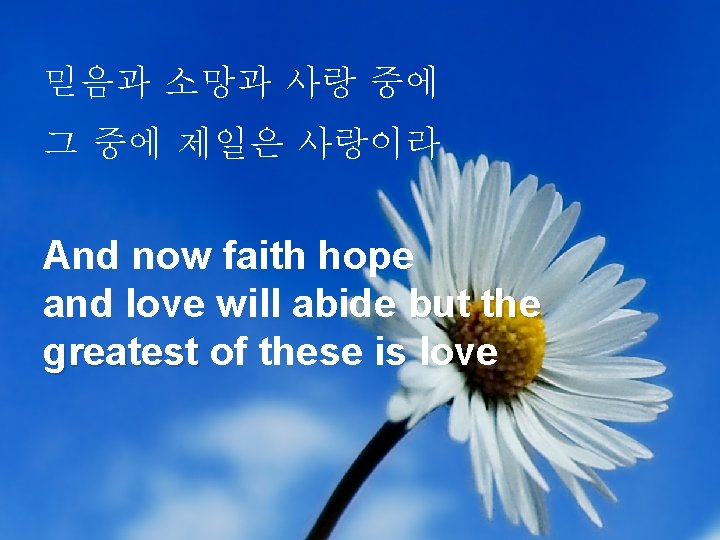 믿음과 소망과 사랑 중에 그 중에 제일은 사랑이라 And now faith hope and love