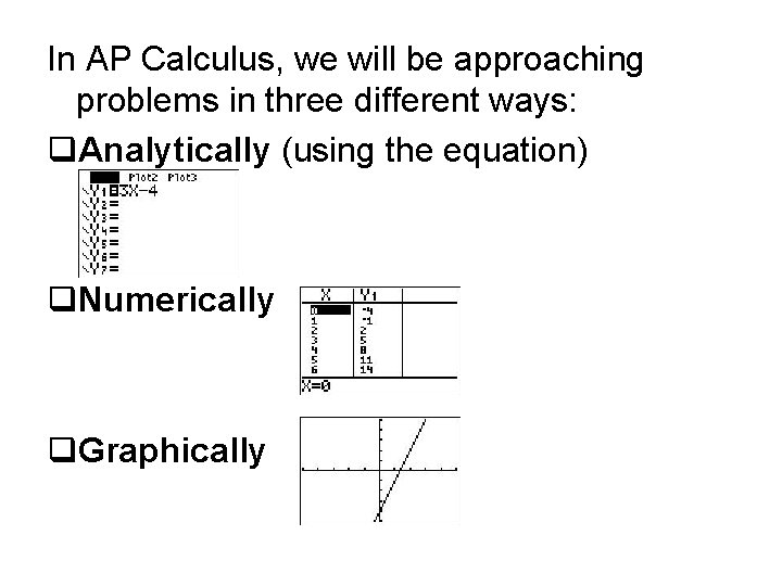 In AP Calculus, we will be approaching problems in three different ways: q. Analytically