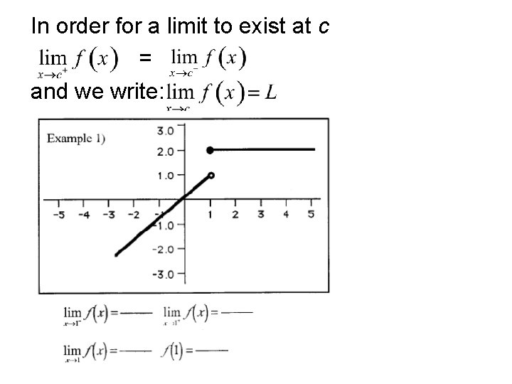 In order for a limit to exist at c = and we write: 