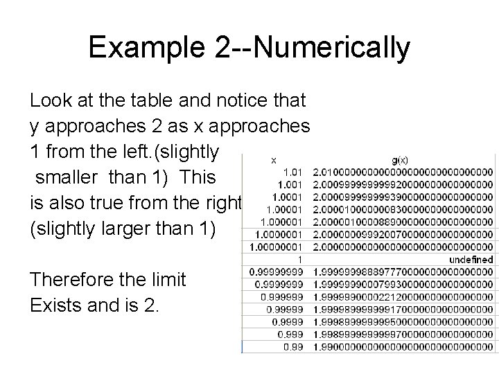 Example 2 --Numerically Look at the table and notice that y approaches 2 as