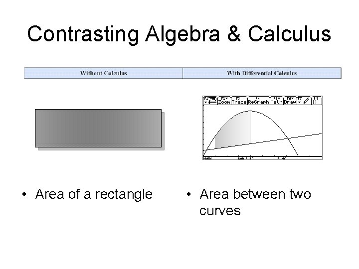 Contrasting Algebra & Calculus • Area of a rectangle • Area between two curves