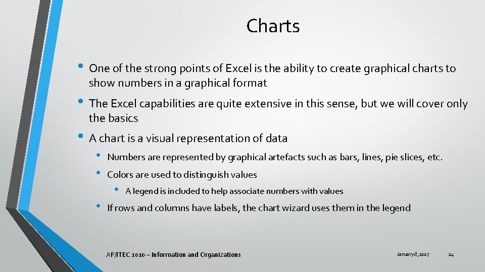 Charts • One of the strong points of Excel is the ability to create