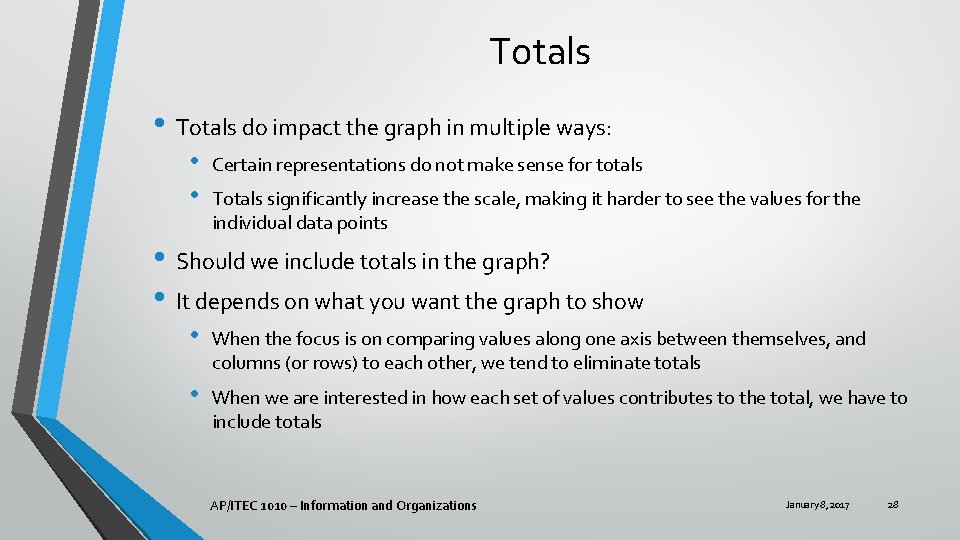 Totals • Totals do impact the graph in multiple ways: • • Certain representations