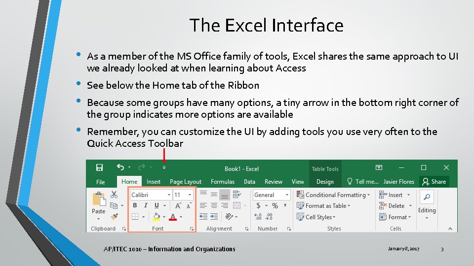 The Excel Interface • • As a member of the MS Office family of