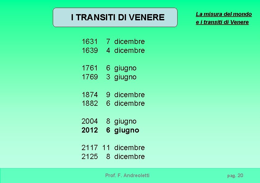 I TRANSITI DI VENERE 1631 1639 7 dicembre 4 dicembre 1761 1769 6 giugno