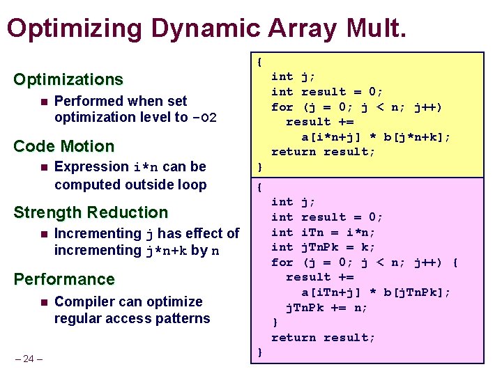 Optimizing Dynamic Array Mult. { Optimizations n int j; int result = 0; for