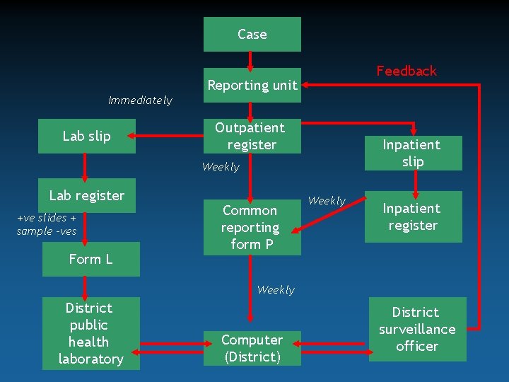 Case Feedback Reporting unit Immediately Lab slip Outpatient register Inpatient slip Weekly Lab register