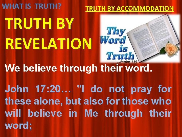 WHAT IS TRUTH? TRUTH BY ACCOMMODATION TRUTH BY REVELATION We believe through their word. WHAT IS TRUTH? TRUTH BY ACCOMMODATION TRUTH BY REVELATION We believe through their word.