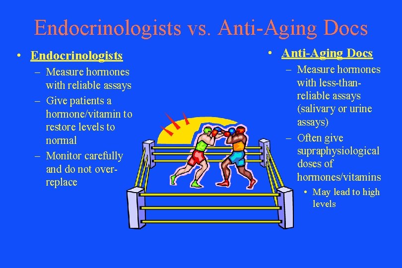 Endocrinologists vs. Anti-Aging Docs • Endocrinologists – Measure hormones with reliable assays – Give