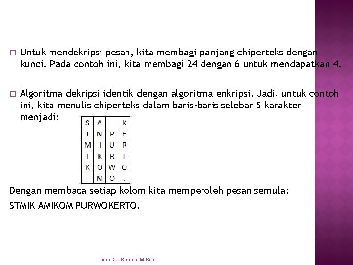 � Untuk mendekripsi pesan, kita membagi panjang chiperteks dengan kunci. Pada contoh ini, kita