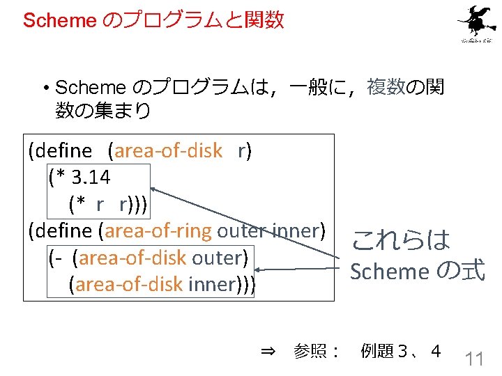 Scheme のプログラムと関数 • Scheme のプログラムは，一般に，複数の関 数の集まり (define (area-of-disk r) (* 3. 14 (* r
