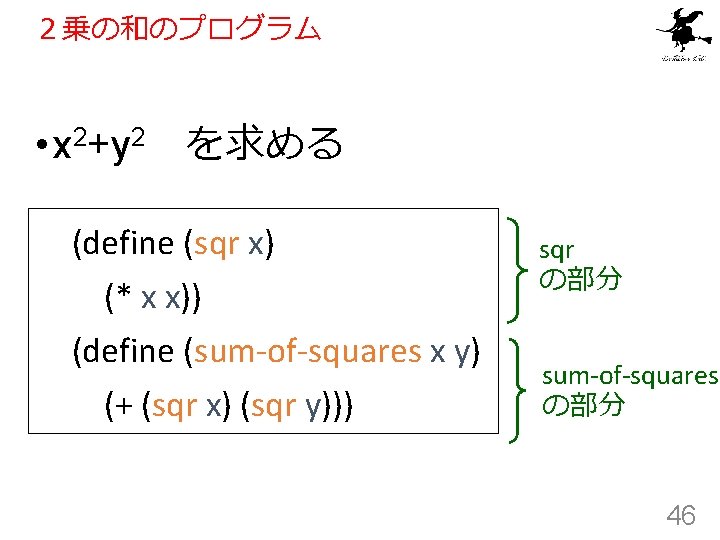 ２乗の和のプログラム • x 2+y 2 を求める (define (sqr x) (* x x)) (define (sum-of-squares