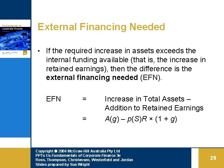 External Financing Needed • If the required increase in assets exceeds the internal funding