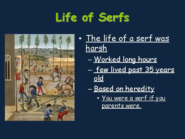 Life of Serfs • The life of a serf was harsh – Worked long