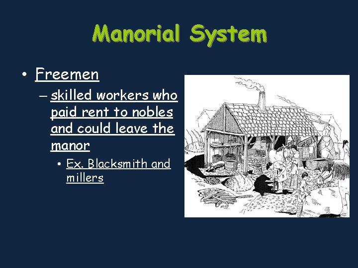 Manorial System • Freemen – skilled workers who paid rent to nobles and could