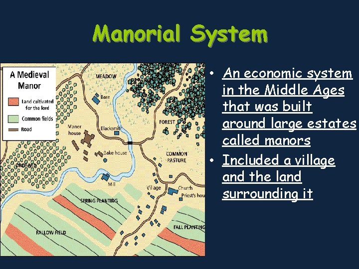 Manorial System • An economic system in the Middle Ages that was built around