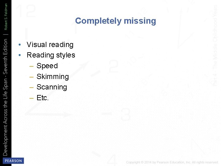 Completely missing • Visual reading • Reading styles – Speed – Skimming – Scanning
