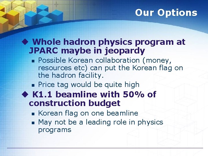 Our Options u Whole hadron physics program at JPARC maybe in jeopardy n n