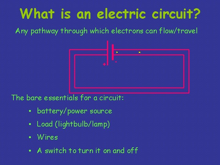 What is an electric circuit? Any pathway through which electrons can flow/travel + -