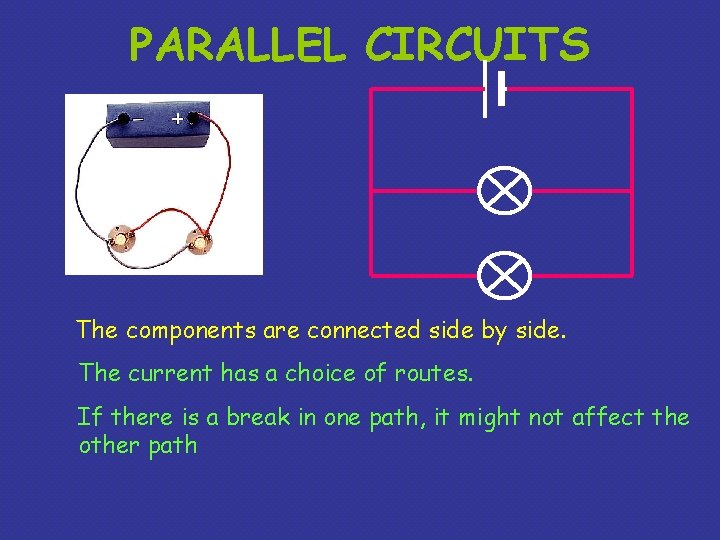 PARALLEL CIRCUITS The components are connected side by side. The current has a choice