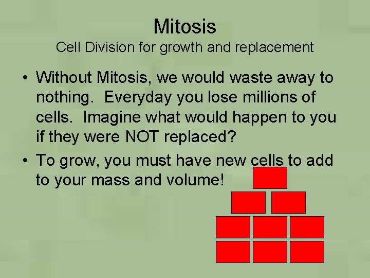 Mitosis Cell Division for growth and replacement • Without Mitosis, we would waste away