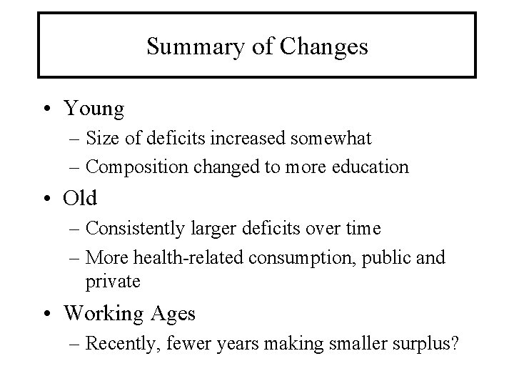 Summary of Changes • Young – Size of deficits increased somewhat – Composition changed