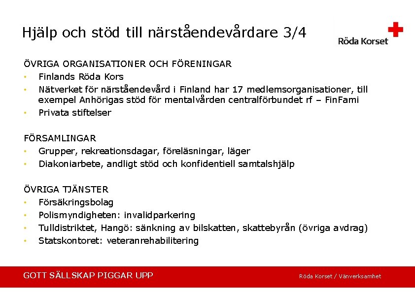 Hjälp och stöd till närståendevårdare 3/4 ÖVRIGA ORGANISATIONER OCH FÖRENINGAR • Finlands Röda Kors