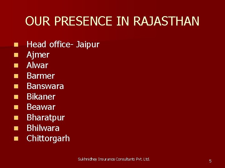 OUR PRESENCE IN RAJASTHAN n n n n n Head office- Jaipur Ajmer Alwar