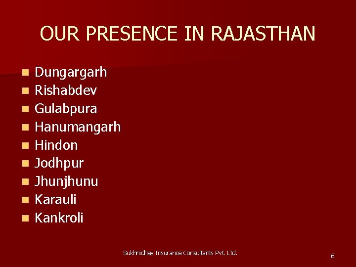 OUR PRESENCE IN RAJASTHAN n n n n n Dungargarh Rishabdev Gulabpura Hanumangarh Hindon