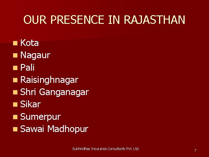OUR PRESENCE IN RAJASTHAN n Kota n Nagaur n Pali n Raisinghnagar n Shri