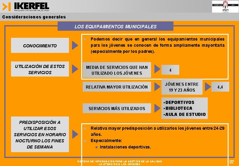 Consideraciones generales LOS EQUIPAMIENTOS MUNICIPALES CONOCIMIENTO UTILIZACIÓN DE ESTOS SERVICIOS Podemos decir que en