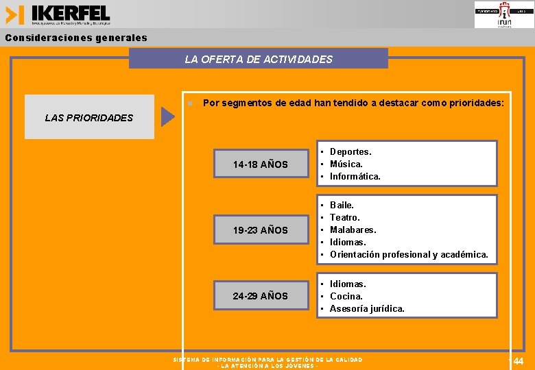 Consideraciones generales LA OFERTA DE ACTIVIDADES Por segmentos de edad han tendido a destacar