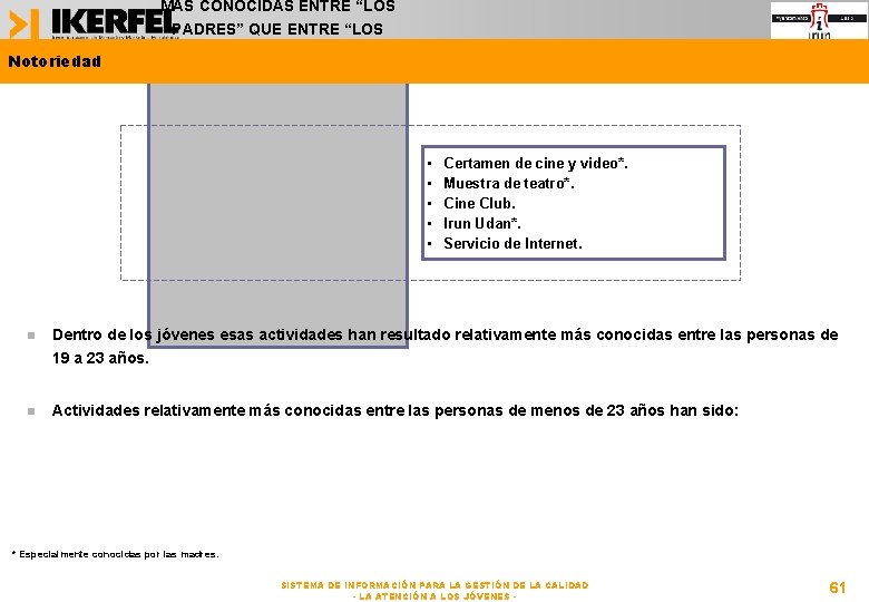 Notoriedad MÁS CONOCIDAS ENTRE “LOS PADRES” QUE ENTRE “LOS JÓVENES” • • • Certamen