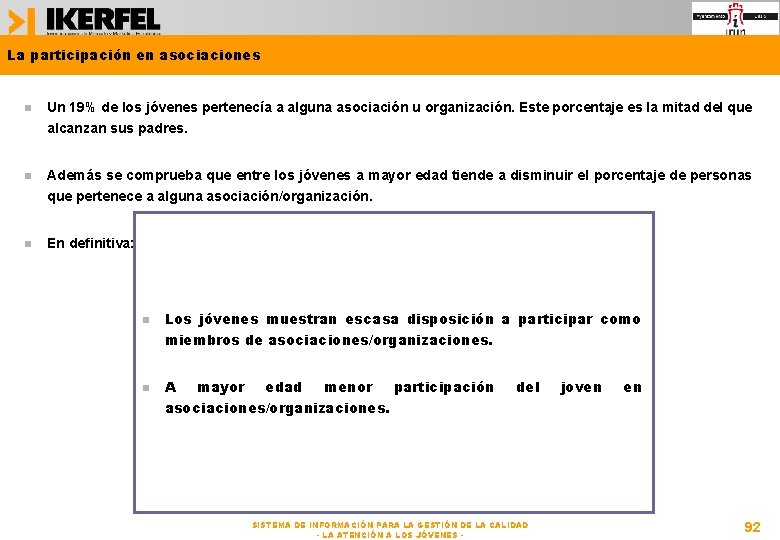 La participación en asociaciones Un 19% de los jóvenes pertenecía a alguna asociación u